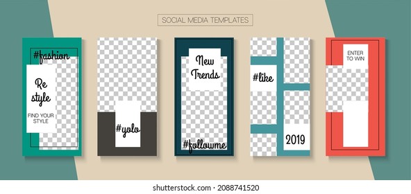 Mobile Stories Vector Collection. Blogger Hipster Border, Social Media Kit Template. Online Shop Elegant Invitation Mobile. Funky Sale, New Arrivals Story Layout. Social Media Stories Collection