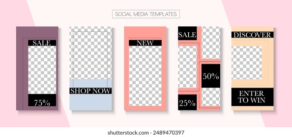 Mobile Stories Vector Collection. Blogger Hipster Concept, Social Media Kit Template. Simple Sale, New Arrivals Story Layout. Online Shop Luxury Graphic Advert. Social Media Stories Collection