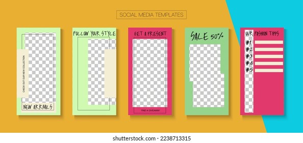 Mobile Stories Vector Collection. Minimal Sale, New Arrivals Story Layout. Blogger Trendy Border, Social Media Kit Template. Online Shop Fashion Graphic Mobile. Social Media Stories Collection