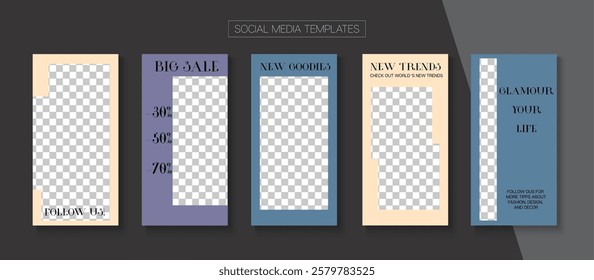 Mobile Stories Vector Collection. Modern Sale, New Arrivals Story Layout. Online Shop Polygon Graphic Phone. Blogger Hipster Frame, Social Media Kit Template. Social Media Stories Collection