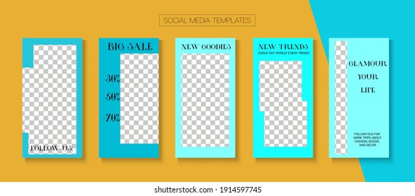Colección vectorial de historias móviles. Tienda en línea Marca de invitación gráfica. Hipster Sale, Nueva Presentación De Historia De Llegadas. Cartas de moda para bloggers, plantilla de kit de medios sociales. Colección de historias de medios sociales