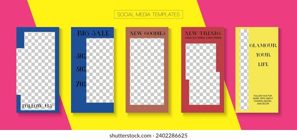 Colección vectorial de historias móviles. Tienda Gráfica Gráfica Móvil. Venta Simple, Diseño De La Historia De Los Nuevos Llegados. Blogger Modern Border, Plantilla De Kit De Medios Sociales. Colección de historias de medios sociales
