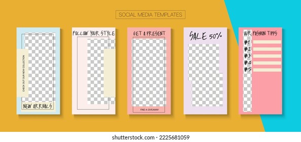 Mobile Geschichten, Vektorgrafik-Kollektion. Trendy Sale, New Ankunft Storys Layout. Blogger Minimal Design, Social Media Kit Vorlage. Online Shop Fashion Einladung Werbung. Kollektion Social Media-Stories