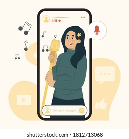 Mobile streaming concept sing a song illustration for banner, poster, website, etc.