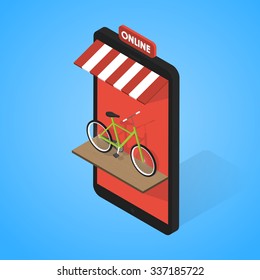 Mobile supermarket internet commerce concept. Bicycle rental and sales online.