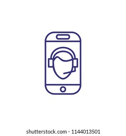 Mobile support line icon. Smartphone, headphone, mic, call, person. Customer service concept. Can be used for topics like communication, call center, online help