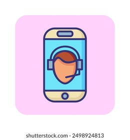 Mobile support line icon. Smartphone, headphone, mic, call, person. Customer service concept. Can be used for topics like communication, call center, online help