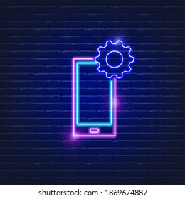 Mobile support Neon icon. Computer repair vector illustration. Seo service sign. Web concept.