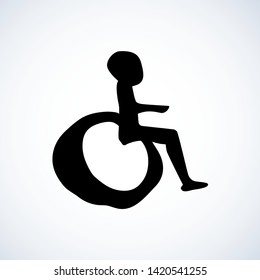 Mobile support stroller isolated on white backdrop. Web simple walk street traffic law logo button. Freehand linear black ink hand drawn flat emblem sketchy in retro doodle contour style pen on paper