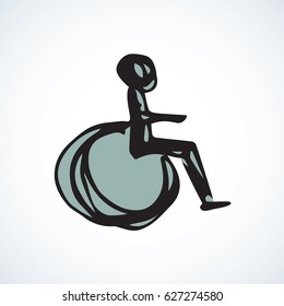 Mobile support stroller isolated on white backdrop. Web simple walk street traffic law logo button. Freehand linear black ink hand drawn flat emblem sketchy in retro doodle contour style pen on paper