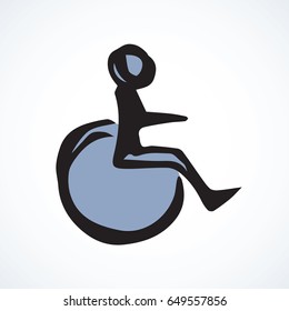Mobile support stroller isolated on white backdrop. Web simple walk street traffic law logo button. Freehand linear black ink hand drawn flat emblem sketchy in retro doodle contour style pen on paper