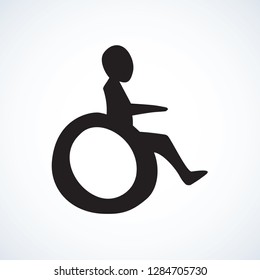 Mobile support stroller on white backdrop. Web simple walk street traffic law logo button. Freehand linear black ink hand drawn healthcare emblem sketchy in retro doodle contour style pen on paper