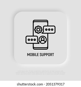 Mobile support thin line icon: chat on smartphone with speech bubble. Modern vector illustration.