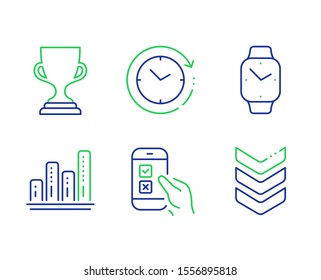 Mobile survey, Graph chart and Time change line icons set. Smartwatch, Award cup and Shoulder strap signs. Phone quiz test, Growth report, Clock. Digital time. Education set. Vector