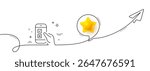 Mobile survey line icon. Continuous line with share plane. Select answer sign. Business interview symbol. 3d star in speech bubble. Mobile survey single line ribbon. Loop curve pattern. Vector