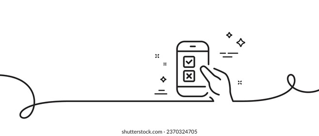 Icono de línea de encuesta móvil. Una línea continua con curl. Seleccione el signo de respuesta. Símbolo de entrevista de negocios. Cinta de esquema único de encuesta móvil. Patrón de curva de bucle. Vector