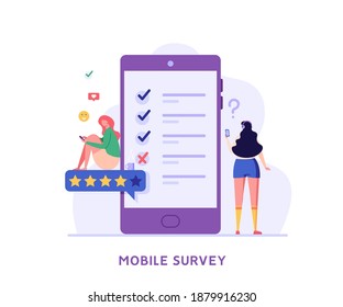 Mobile Survey. People with Phone Choosing Answer or Giving Feedback and Opinion in Survey Form. Concept of Client Feedback, Quality Test, Checklist, Customer Review. Vector illustration for Web Design