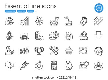 Mobile survey, Shower and Security statistics line icons. Collection of Loyalty program, Shields, Checklist icons. Luggage belt, Stress, Cloud system web elements. Brush, Fireworks, Stairs. Vector