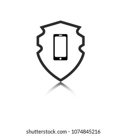 Mobile symbol and shield, black vector icon.
