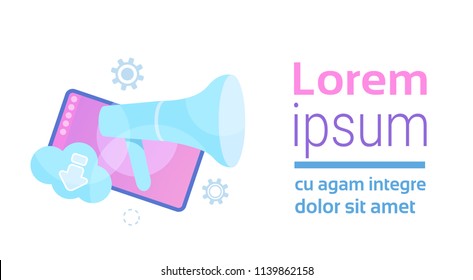 mobile synchronization cloud application megaphone interface concept for design work and animation horizontal isolated copy space flat vector illustration