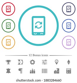 Mobile syncronize flat color icons in circle shape outlines. 12 bonus icons included.
