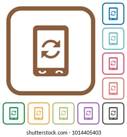 Mobile syncronize simple icons in color rounded square frames on white background