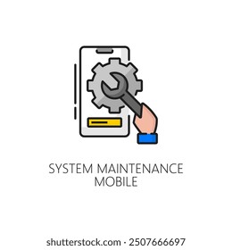 Icono de mantenimiento del sistema móvil y línea de Actualizar. Tecnología de mantenimiento del sistema de teléfonos inteligentes, Descarga de servicio de App de PC, ícono de Vector lineal con teléfono inteligente, rueda dentada y mano humana, llave de sujeción,