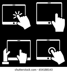 Mobile Tab And Hand Pointer vector icon collection. Collection style is white flat symbols on a black background.