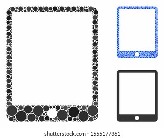 Mobile tablet composition of small circles in variable sizes and color tones, based on mobile tablet icon. Vector small circles are united into blue composition.