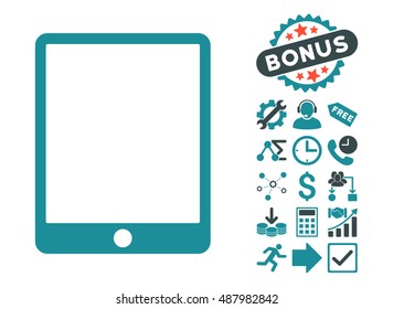 Mobile Tablet icon with bonus images. Vector illustration style is flat iconic bicolor symbols, soft blue colors, white background.