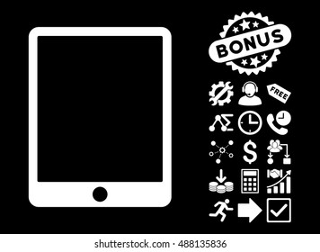 Mobile Tablet icon with bonus pictograph collection. Vector illustration style is flat iconic symbols, white color, black background.