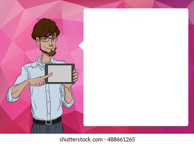 Mobile tablet with notification. Characters with bubble talk. Vector tablet with mobile app. Characters speech of mobile tablet. Man with online notification of app. Man with mobile tablet
