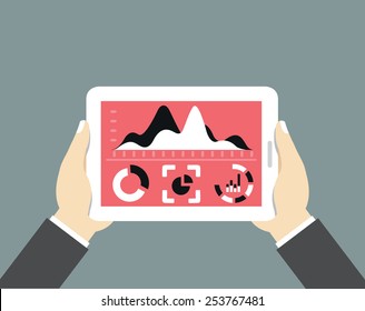 Mobile Tablet Pc With Dashboard. Modern User Interface For Businessman With Processing Data - Vector Illustration