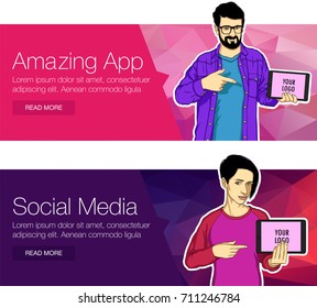 Mobile tablet screen with app for the banner. Vector mobile screen in showing hand of character. Young handsome character showing at the mobile tablet in banner 