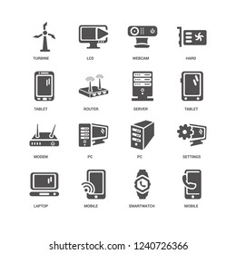 Mobile, Tablet, Server, Laptop, Settings, Turbine, Modem, Smartwatch, Webcam icon 16 set EPS 10 vector format. Icons optimized for both large and small resolutions.