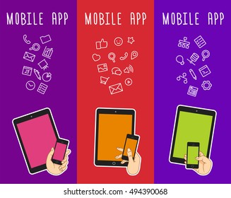 Mobile tablet template for vertical banner. Vector template of mobile tablet screen. Cloud technology and service in mobile tablet. Template of ads banner of mobile app. Ads banner of mobile tablet