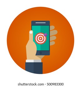 Mobile target flat vector icon that shows concept such as marketing strategy, goal, for your personal or commercial project