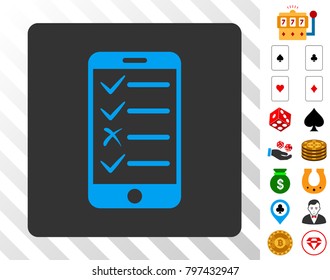 Mobile Tasks blue pictograph inside gray rounded rectangle with bonus gambling icons. Vector illustration style is flat iconic symbols. Designed for casino software.