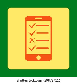 Mobile Tasks icon from Commerce Buttons OverColor Set. Vector style is orange and yellow colors, flat square rounded button, green background.