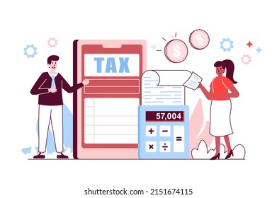 Mobile Tax filing concept in flat line design. Man and woman file tax return, declare income and maintain financial statements using mobile app. Vector illustration with outline people scene for web