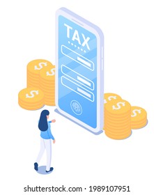 Mobile tax form concept.The girl reports on income online, using a mobile phone. Smartphone app and web service for tax filing. Vector illustration in isometric style. Isolated on white background.