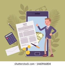 Mobile tax payment service for businessman. Male taxpayer making financial contribution via smartphone, employer calculating total income and earnings online, Vector flat style cartoon illustration