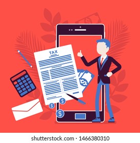 Mobile tax payment service for businessman. Male taxpayer making financial contribution on smartphone, employer calculating total income and earning online, Vector illustration with faceless character