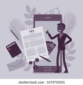 Mobile tax payment service for businessman. Male taxpayer making financial contribution on smartphone, employer calculating total income and earning online, Vector illustration with faceless character