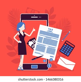Mobile tax payment service for businesswoman. Female taxpayer making financial contribution via smartphone, employer calculating total income, earning online. Vector illustration, faceless character
