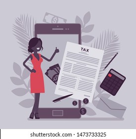 Mobile tax payment service for businesswoman. Female taxpayer making financial contribution via smartphone, employer calculating total income, earning online. Vector illustration, faceless character