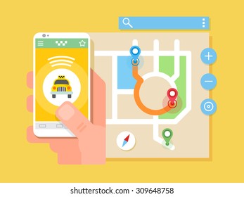 Mobile taxi application. Transport service, position pin on map. Flat vector illustration. Rideshare app.