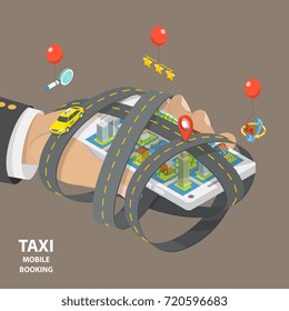 Mobile taxi booking flat isometric low poly vector concept. Hand is holding a smartphone with a city on it. The smartphone is surrounded by the highways. A yellow taxi is moving by one of the roads.