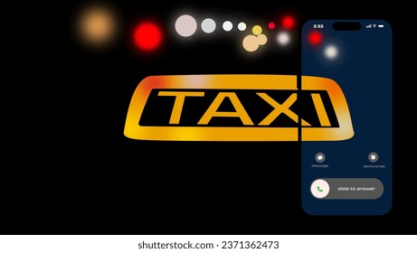 Mobile Taxi, night city lights on the road with a taxi sign, taxi advertising banner