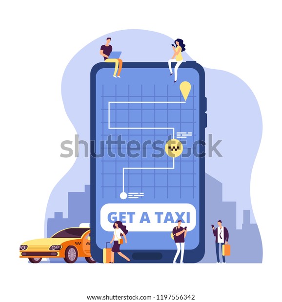 Mobile\
taxi. Online taxi service and payment with smartphone app. People\
ordering taxi at huge cell phone. Vector concept online taxi\
transportation, app mobile service\
illustration